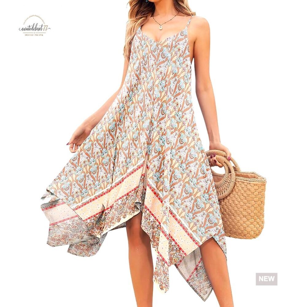 Boho Summer Midi Dress Cover Up Spaghetti Strap Flowy Beach Vacation